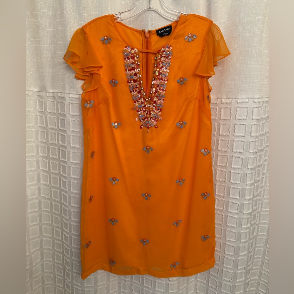 Bebe Chiffon Overlay Embellished Orange Dress